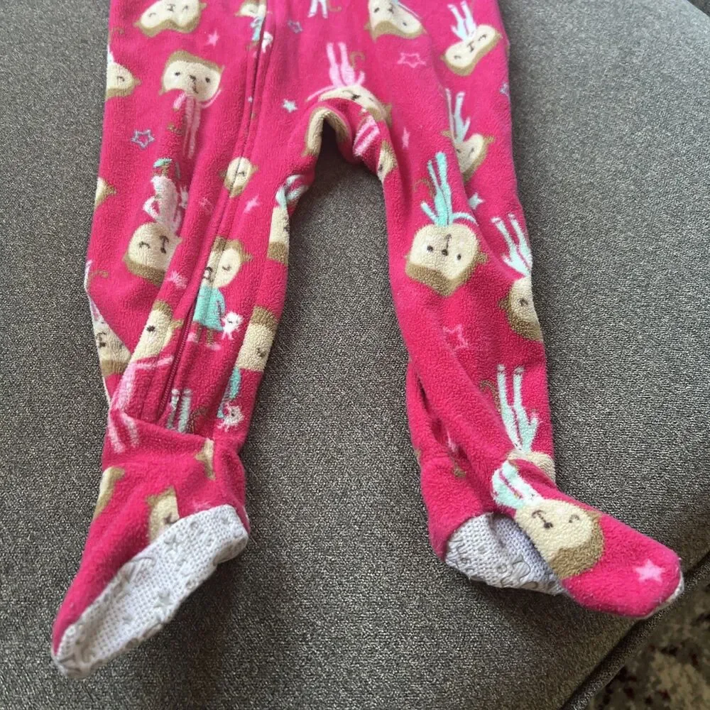 Carter's Toddler Girls 1-Piece Cute Monkey Print Cozy Fleece Zip-Up PJs Pink 18M